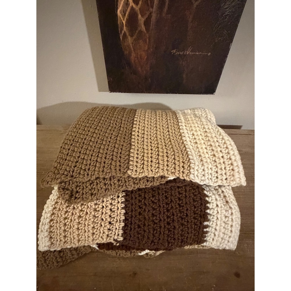 Handmade Crochet Throw Blanket Striped Neutral Brown Tan Cream Chunky Afghan